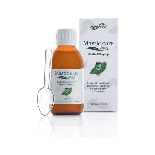 Mastic Care Liquid od Anemos, sirup s mastichovým olejom, hnedá fľaštička s odmerkou a krabička